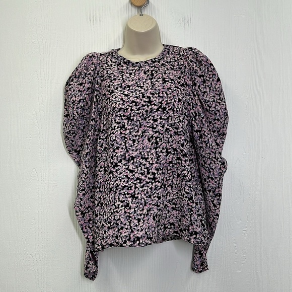 H&M - Black And Purple Floral Puff Ling Sleeve 2 Button Closure Blouse Small - Picture 3 of 14